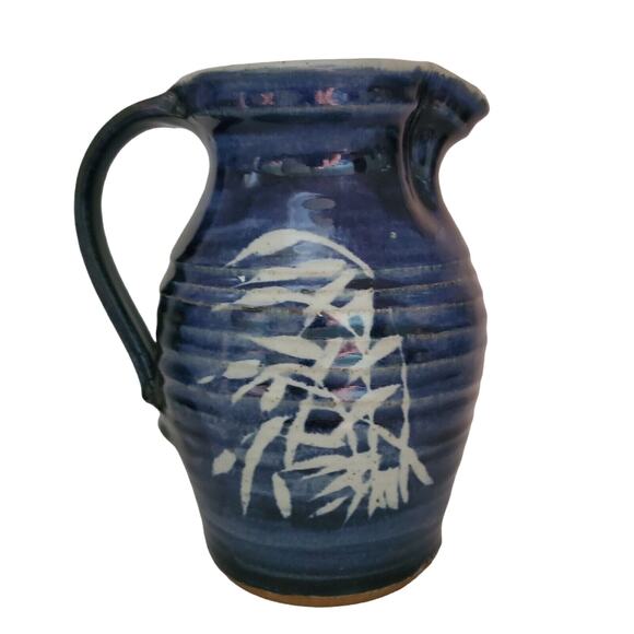 Blue White Stoneware Pitcher Pottery Jug Handmade Signed Bamboo Ewer 8" - Picture 2 of 9